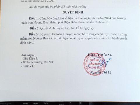 CÔNG KHAI DỰ TOÁN NGÂN SÁCH NĂM 2024 - MN NOONG BUA